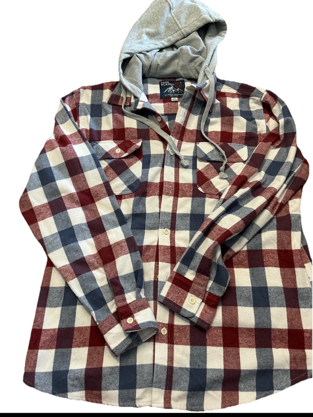 Free Planet Hooded Flannel Shirt Jacket Mens XL Red Blue Plaid Cotton Shacket